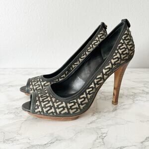 Tory Burch Regan Signature Logo Wood Platform Peep Toe Heels Women’s Size 11